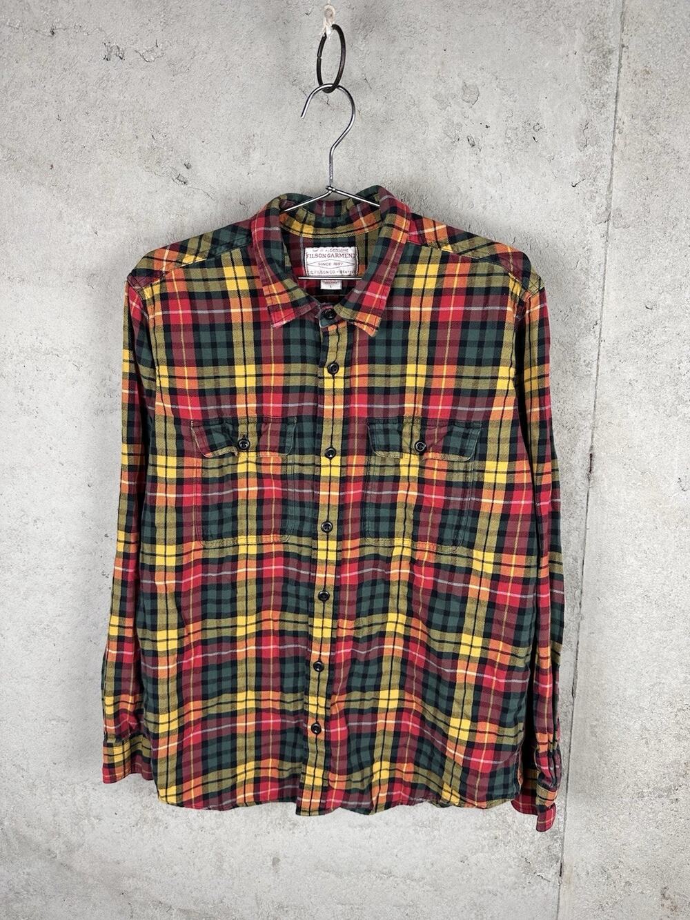 C.C. Filson Co All Cotton Red Green Yellow Plaid Flannel Button Up Shirt Sz LRG